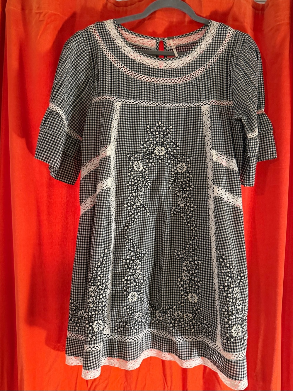 Free People Black & White Gingham Embroidered Midi Dress